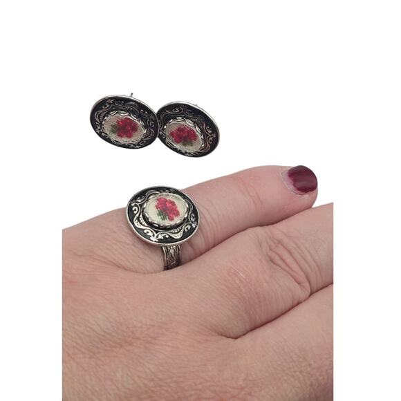 Vintage Petit Point Embroidered Rose Ring & Earring Set - Picture 2 of 8